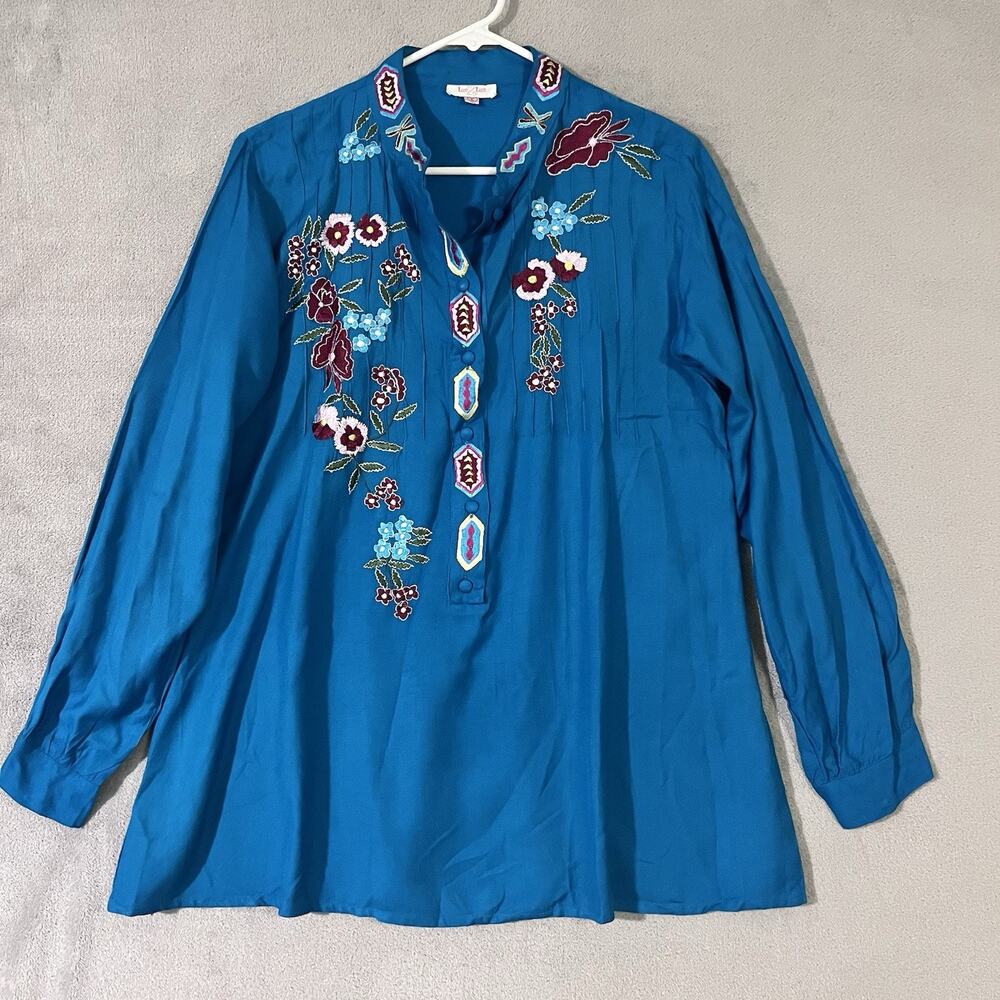 Luv Embroidered Peasant Tunic Shirt Turquoise Blue Women Sz L Boho Aztec